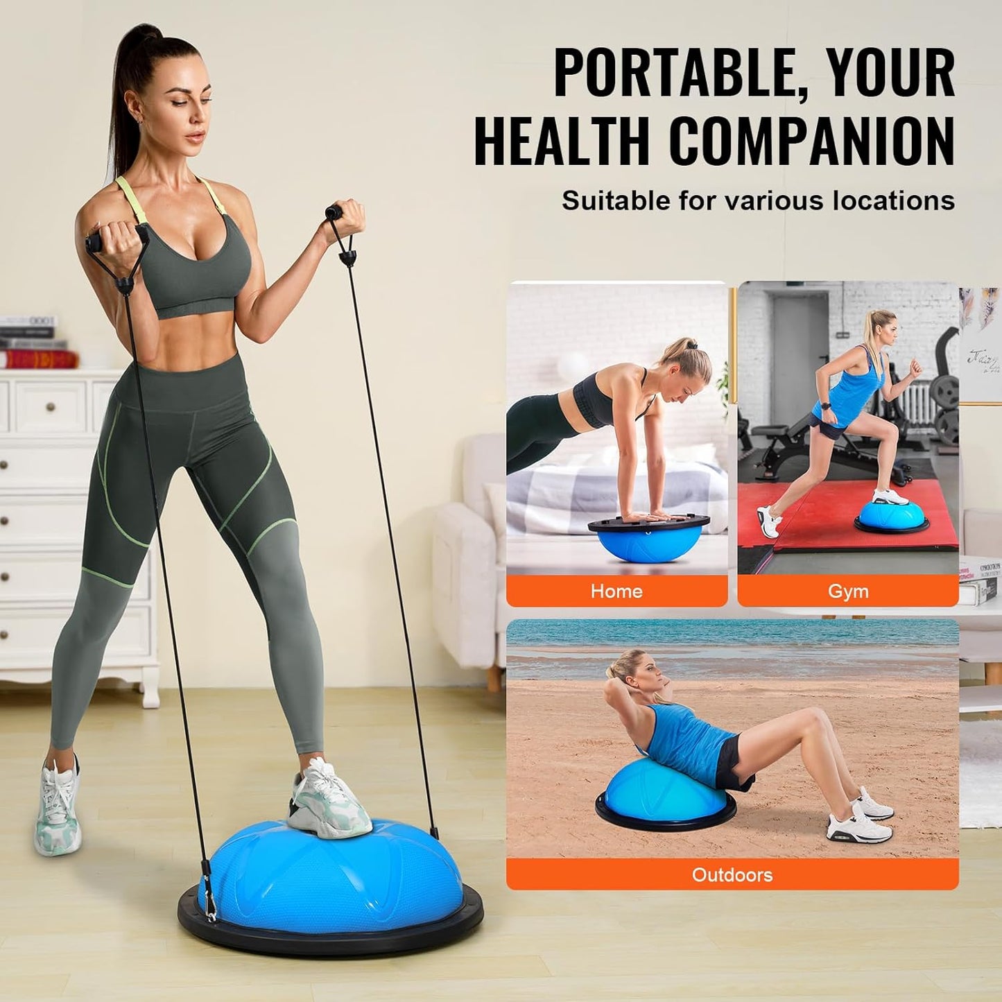 Half Exercise Ball Trainer | 23” or 26” Balance Trainer with Resistance Bands & Foot Pump | Stability Ball for Full-Body Home Workouts