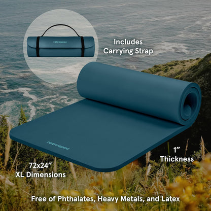 Extra-Thick Comfort Mat (1” Non-Slip, with Carry Strap) for Home Gym, Yoga, Pilates, Stretching, Floor & Fitness Workouts