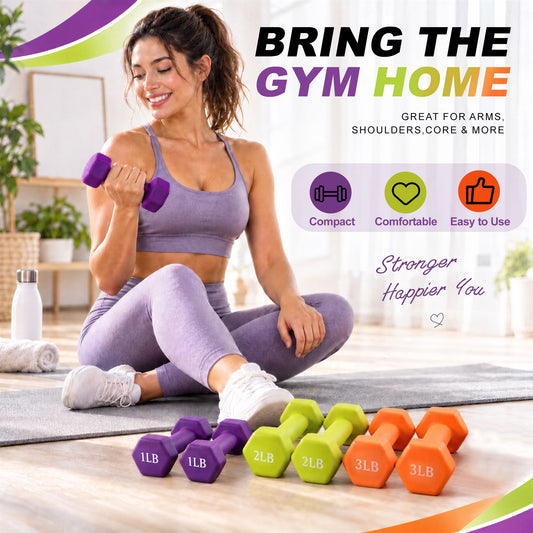 1, 2 & 3 Lb Neoprene Dumbbell Set with Non-Slip Grip & Rack for Home Gym, 3 Pairs