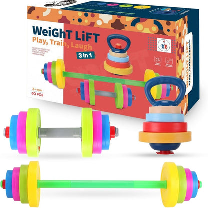 3-in-1 Kids Adjustable Fitness Set – Dumbbell, Barbell & Kettlebell Toy Gym | Fun Beginner Workout Kit for Children Ages 3-8