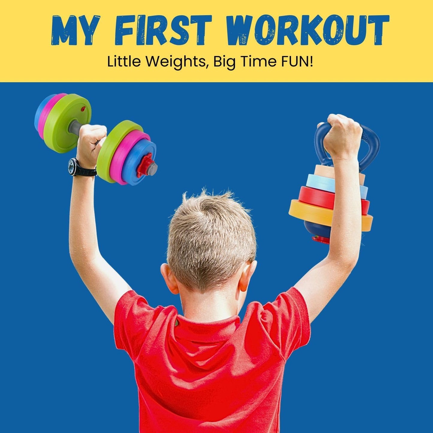 3-in-1 Kids Adjustable Fitness Set – Dumbbell, Barbell & Kettlebell Toy Gym | Fun Beginner Workout Kit for Children Ages 3-8