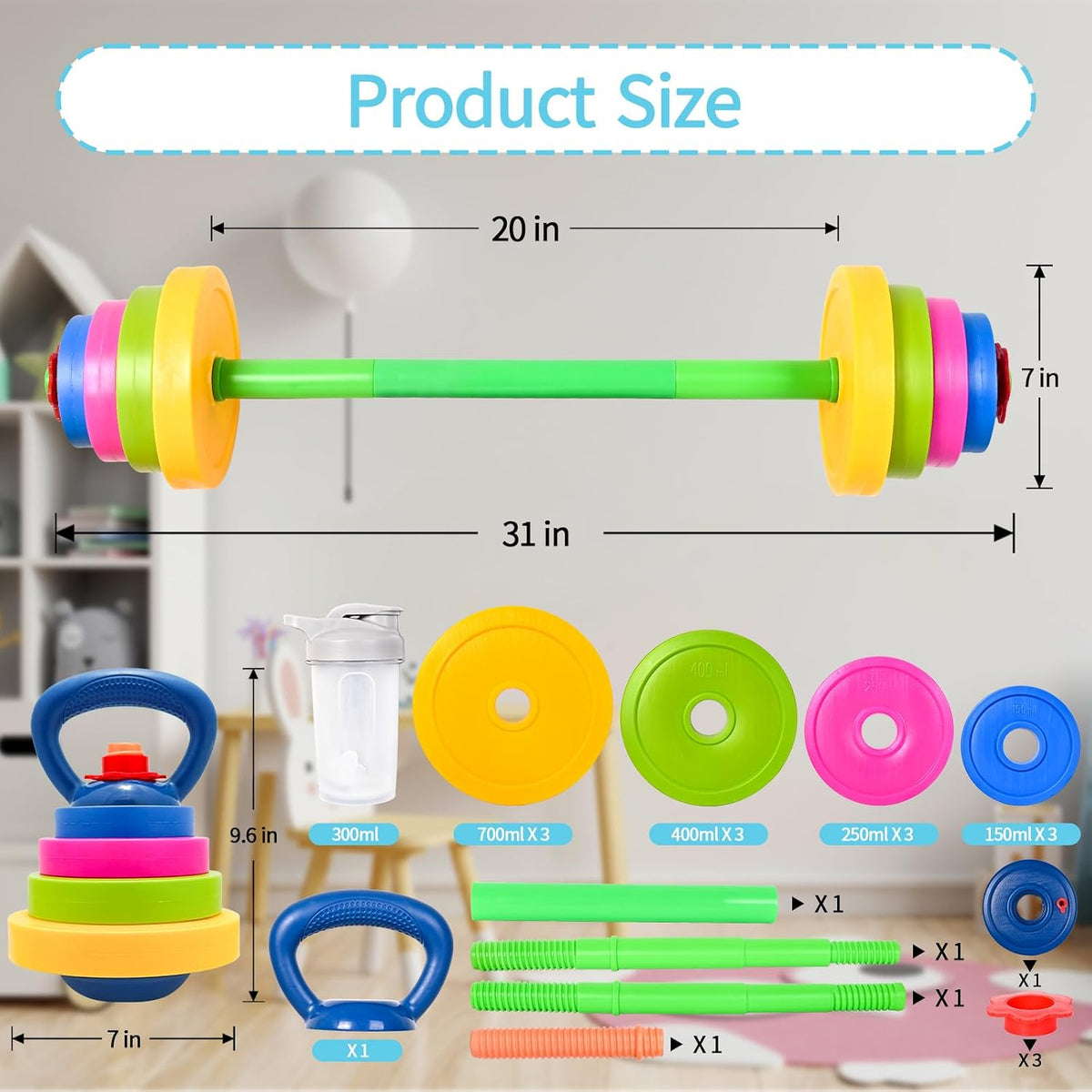 Kids Weight Set – Adjustable Barbell & Kettlebell with Water Bottle