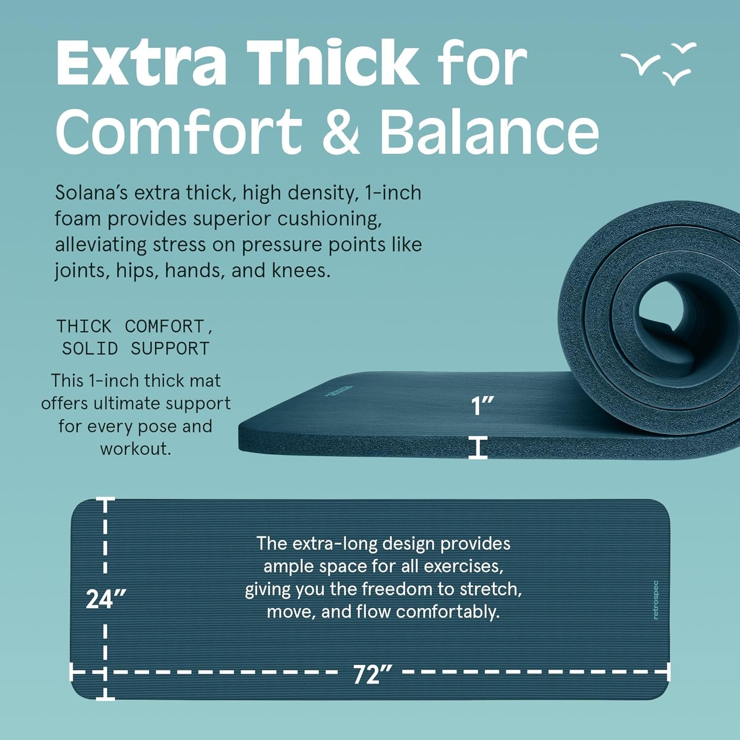 Extra-Thick Comfort Mat (1” Non-Slip, with Carry Strap) for Home Gym, Yoga, Pilates, Stretching, Floor & Fitness Workouts