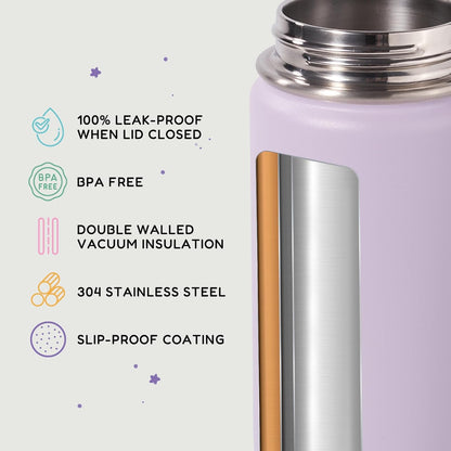 12Oz Kids Water Bottle for School, Toddler Bottles with Straws, Stainless Steel Vacuum Insulated Water Bottle for Boys&Girls, Leak-Proof, Bpa-Free, Purple