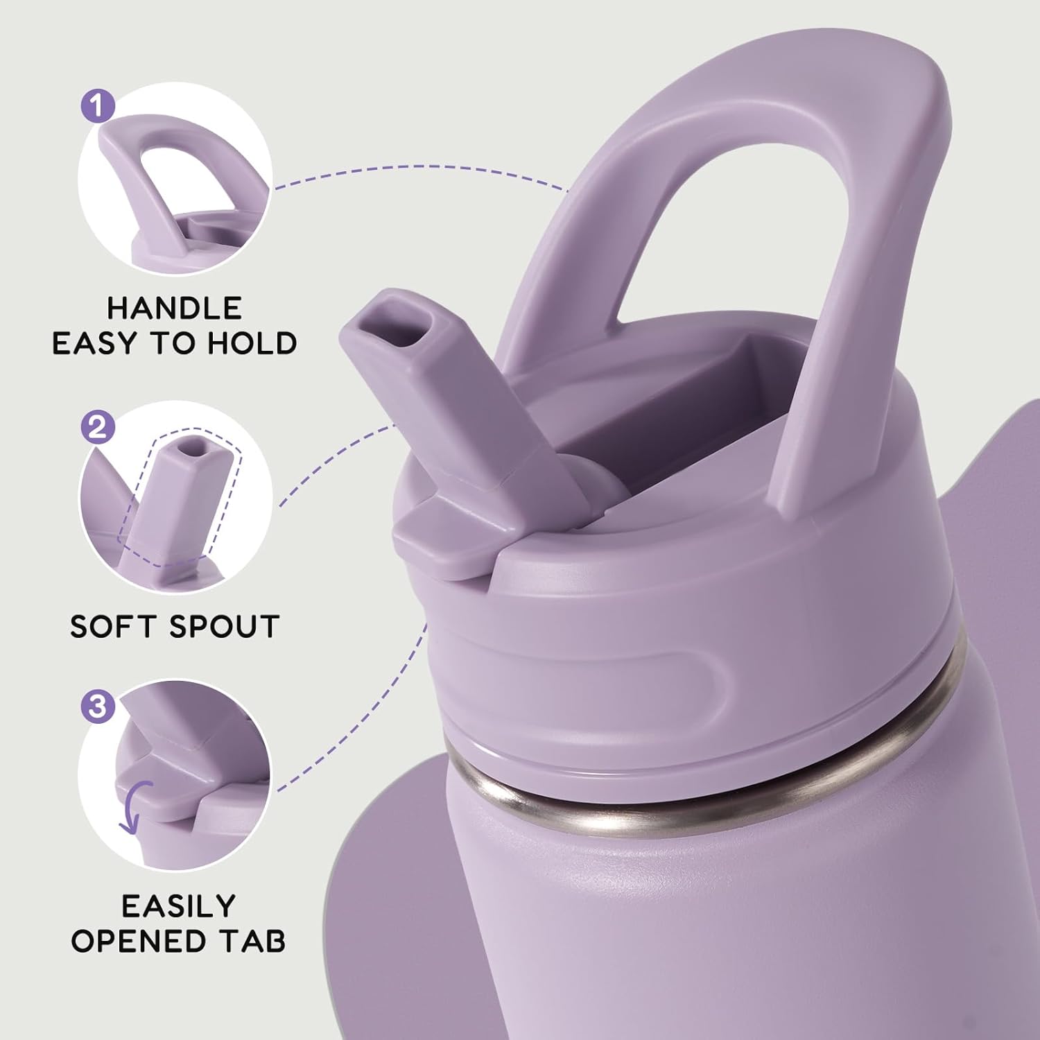 12Oz Kids Water Bottle for School, Toddler Bottles with Straws, Stainless Steel Vacuum Insulated Water Bottle for Boys&Girls, Leak-Proof, Bpa-Free, Purple