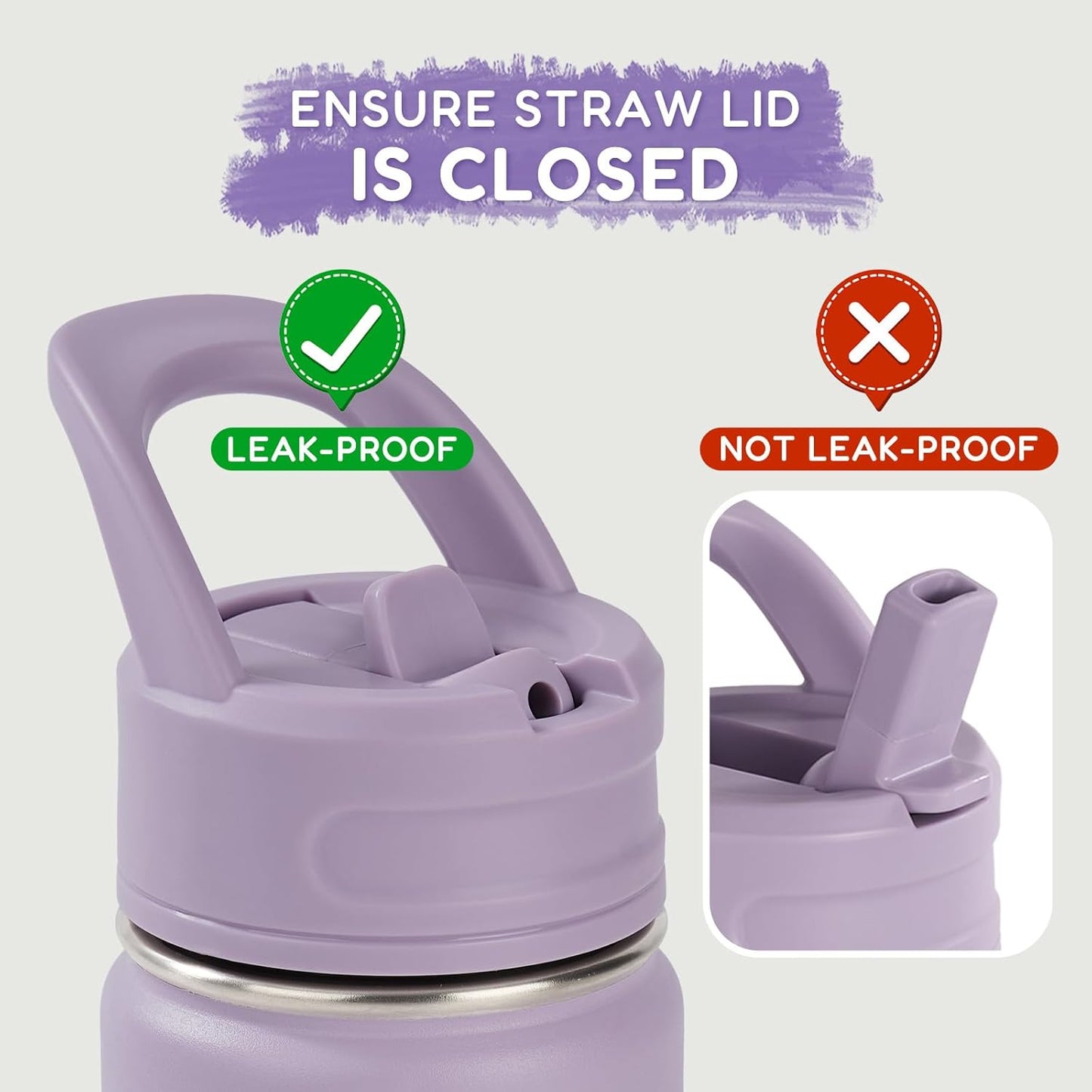 12Oz Kids Water Bottle for School, Toddler Bottles with Straws, Stainless Steel Vacuum Insulated Water Bottle for Boys&Girls, Leak-Proof, Bpa-Free, Purple