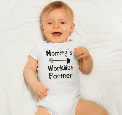 “Mommy’s or Daddys Workout Partner” Funny Baby Bodysuit | Family Fitness Outfit for Boys & Girls | Cute Active Baby Onesie