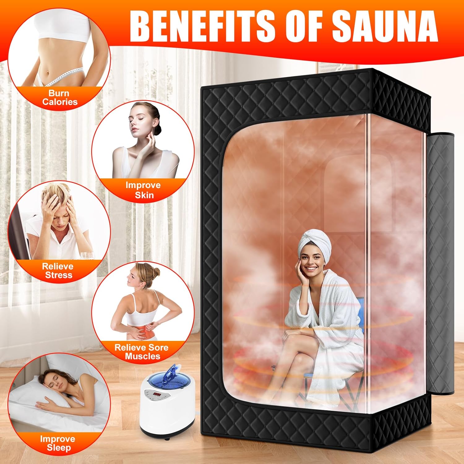 Upgraded Sauna Box for Relaxation, Detoxification, Portable Sauna for Home with Steamer, Remote Control, Folding Chair, 9 Levels, 2.6’ X 2.6’ X 5.9’