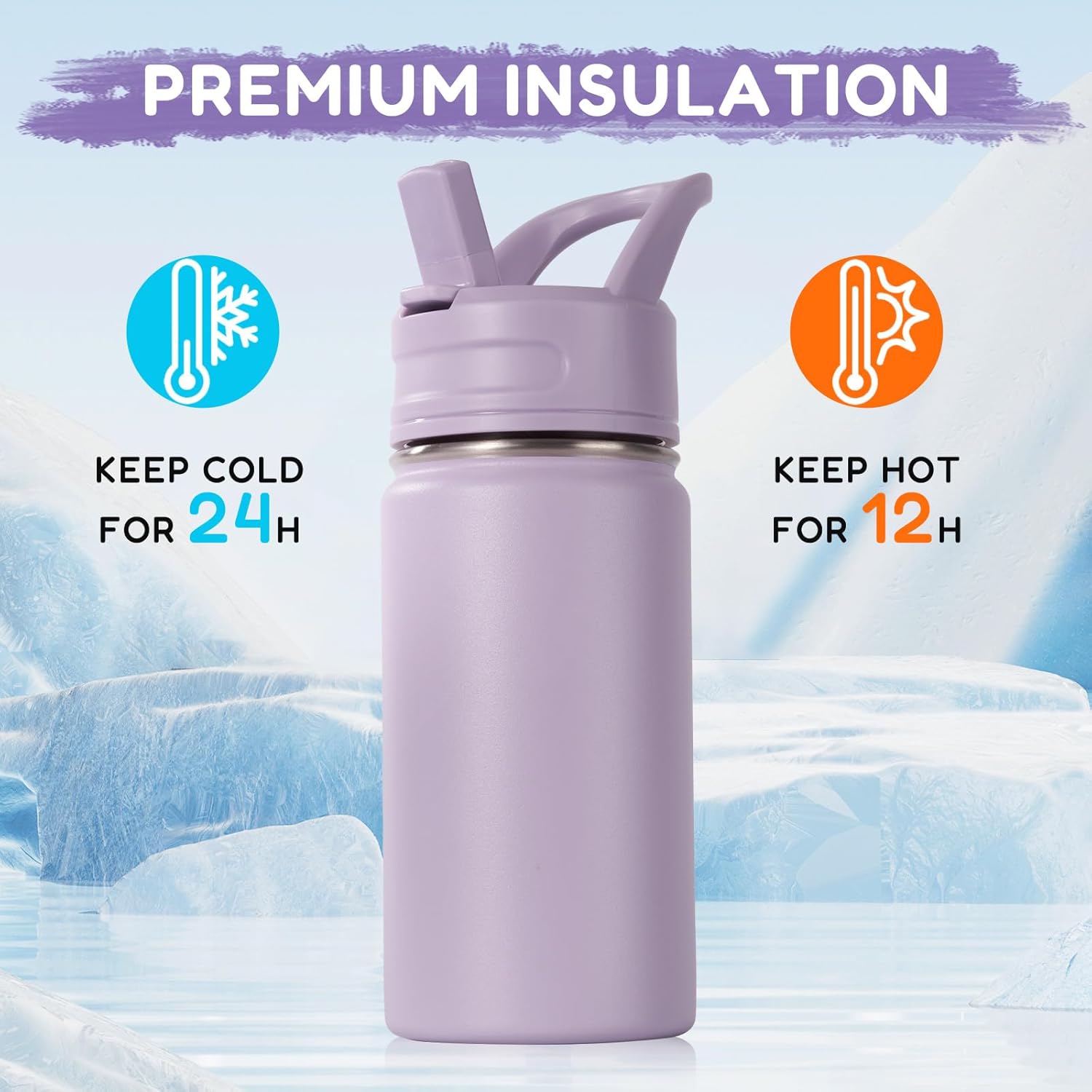 12Oz Kids Water Bottle for School, Toddler Bottles with Straws, Stainless Steel Vacuum Insulated Water Bottle for Boys&Girls, Leak-Proof, Bpa-Free, Purple