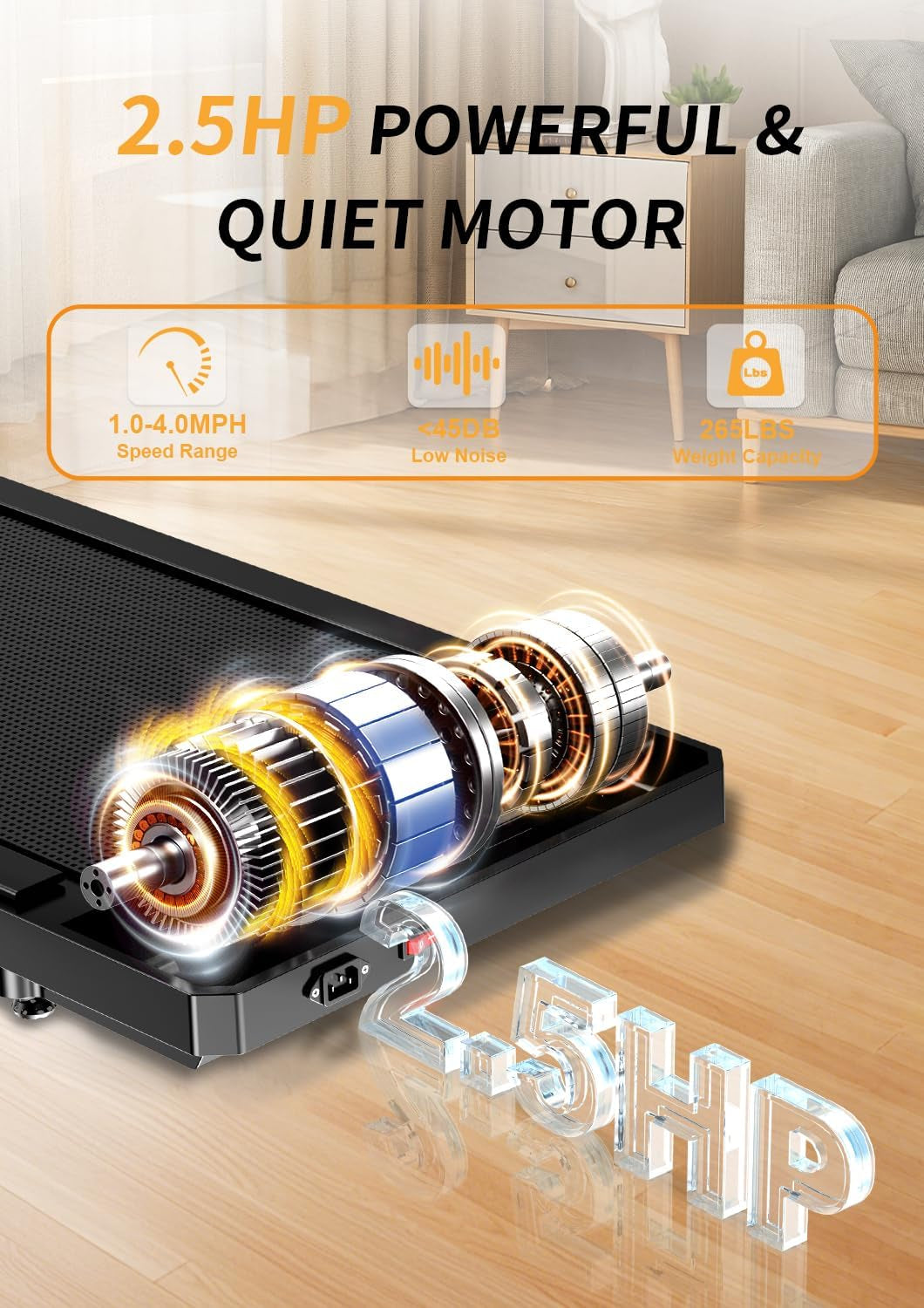 2.5 HP Walking Treadmill Pad with 5% Incline | Compact Under-Desk Treadmill for Home & Office | Remote Control, LED Display, 265lb Capacity