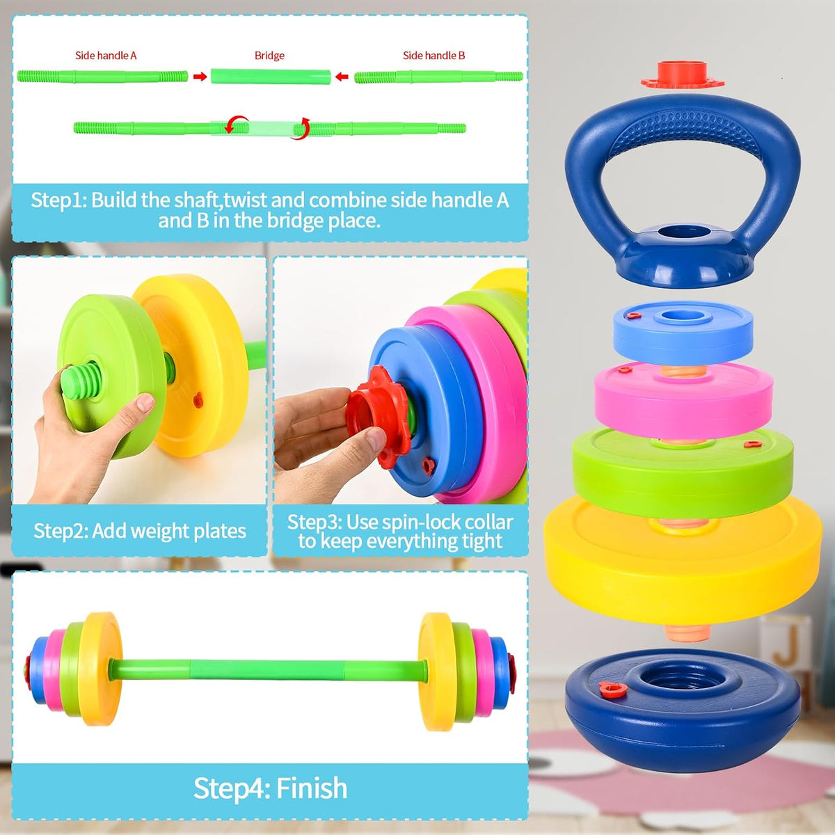 Kids Weight Set – Adjustable Barbell & Kettlebell with Water Bottle