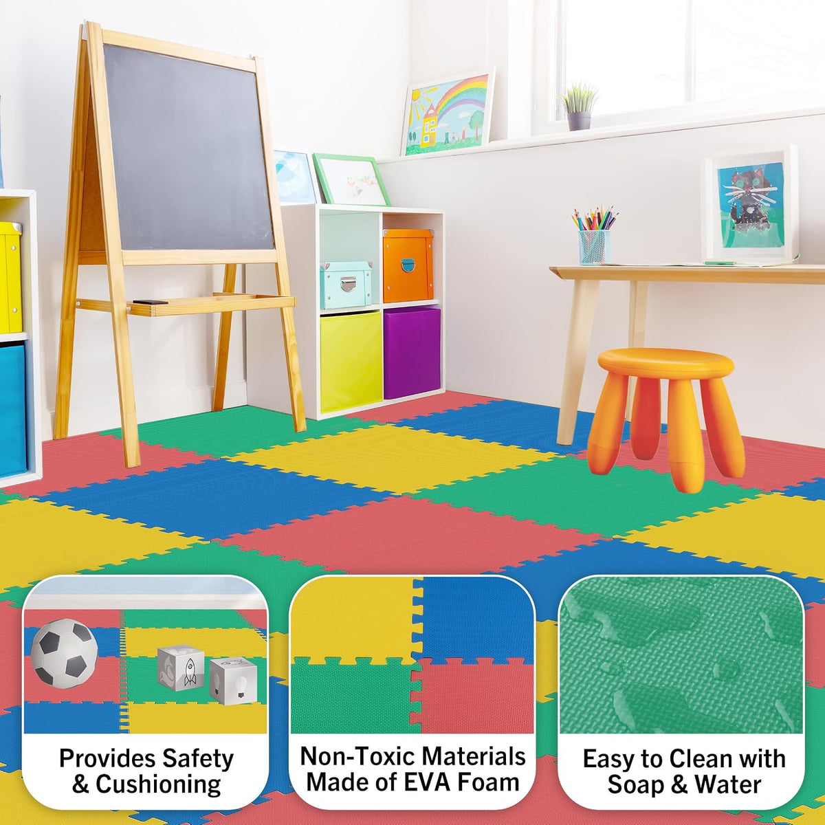 Interlocking Foam Floor Tiles, 4-Pack Multicolor EVA Play & Exercise Mats