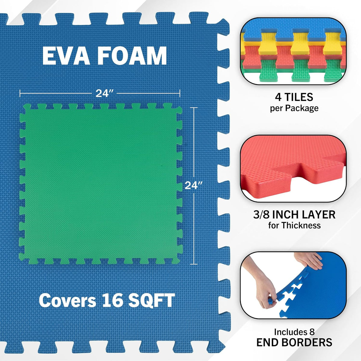 Interlocking Foam Floor Tiles, 4-Pack Multicolor EVA Play & Exercise Mats