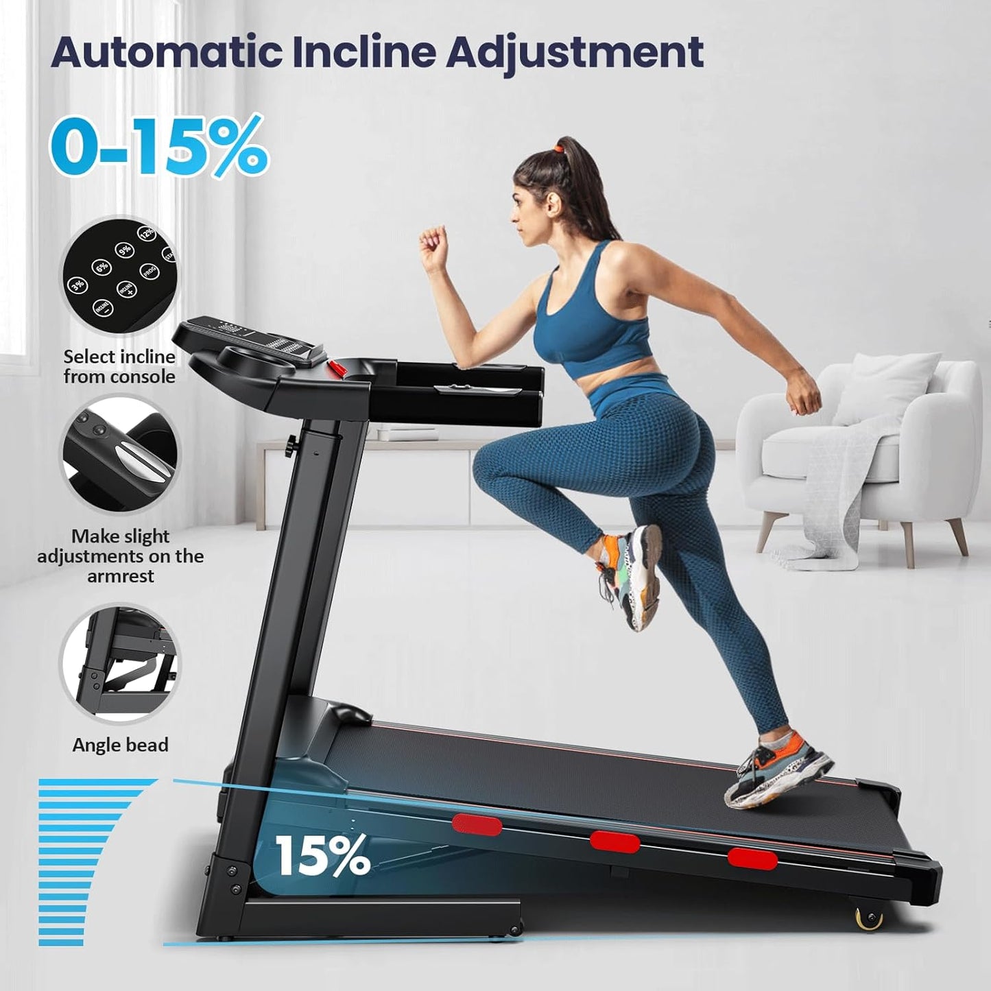 3.5 HP Auto Incline Folding Treadmill for Home | Adjustable Handle Bars, Built-In Speaker, 300lb Capacity