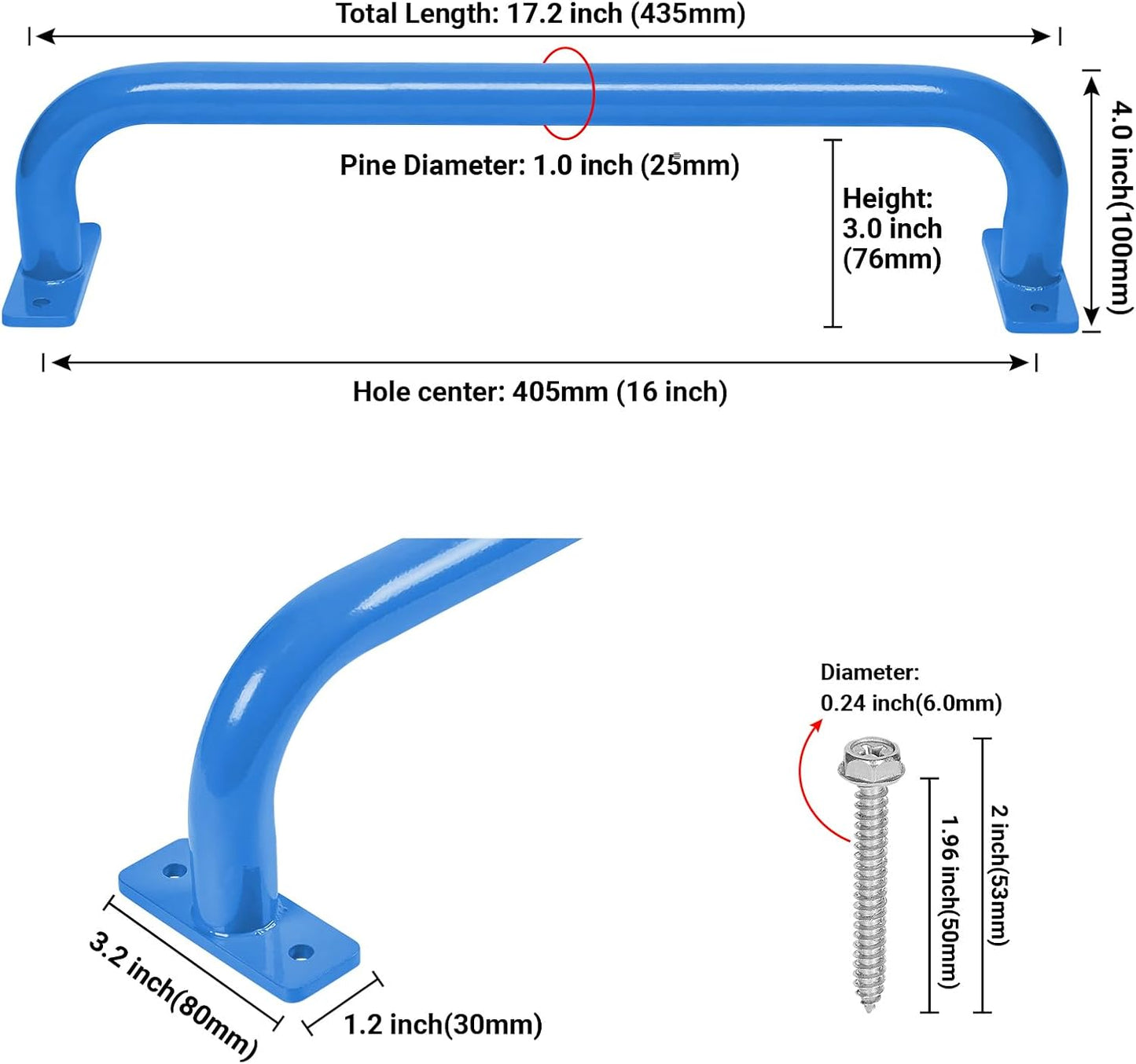 17 Inch Set of 6 Glossy Blue Steel Playground Handles - Playset Accessories Grab Handles, Swingset Safety Grab Bars, Indoor Monkey Bars for Jungle Gym, Playhouse, Climbing Frame
