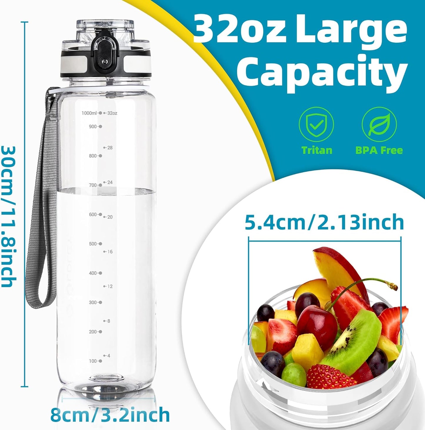 32 oz Motivational Water Bottle with Time Marker & Chug Lid | Leak-Proof, BPA-Free Tritan Plastic | One-Hand Flip Top & Carry Strap