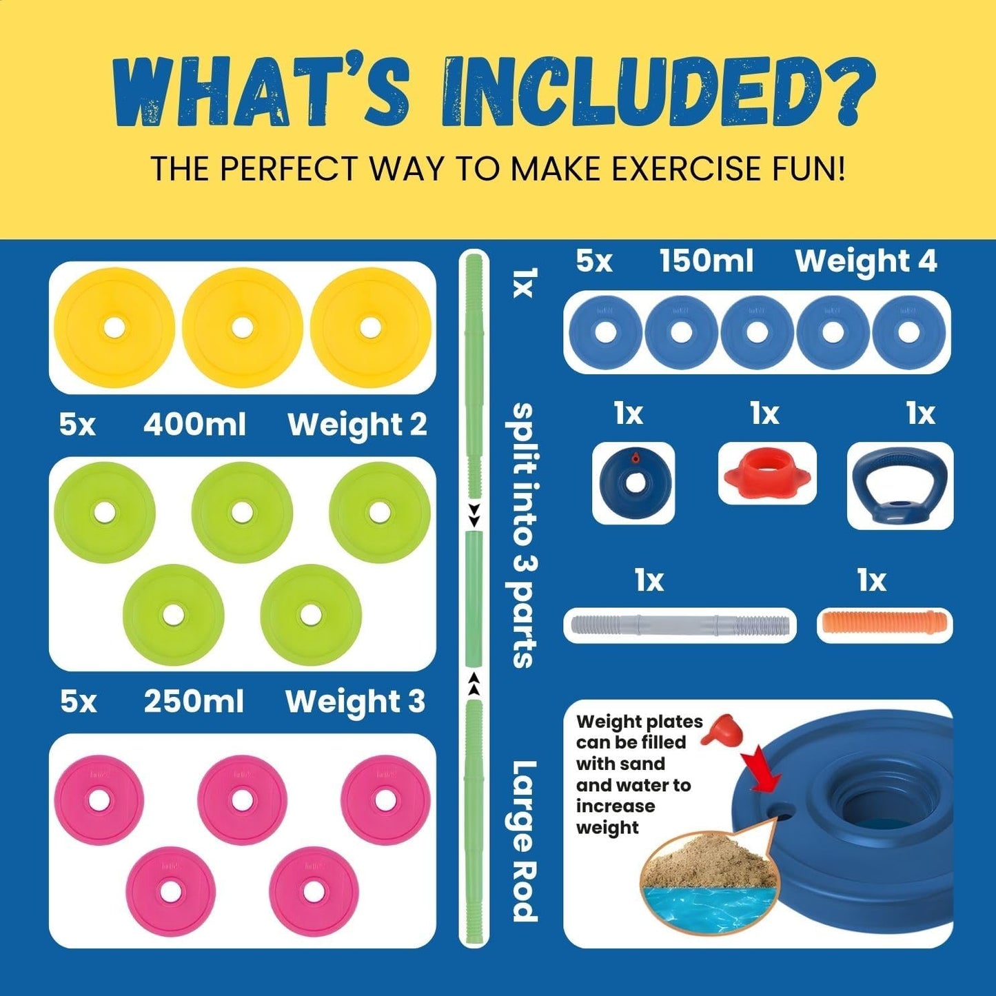 3-in-1 Kids Adjustable Fitness Set – Dumbbell, Barbell & Kettlebell Toy Gym | Fun Beginner Workout Kit for Children Ages 3-8