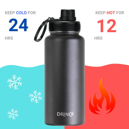 Family Hydration Bottle, 32oz Insulated Stainless Steel (Black)