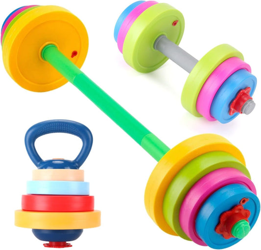 3-in-1 Kids Adjustable Fitness Set – Dumbbell, Barbell & Kettlebell Toy Gym | Fun Beginner Workout Kit for Children Ages 3-8